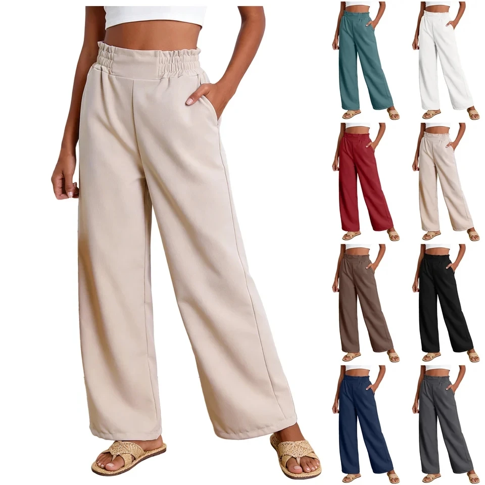 

New Wide Leg Pants For Woman Elastic High Waist Beach Pants Summer Solid Color Casual Long Trousers With Pockets Pantalones