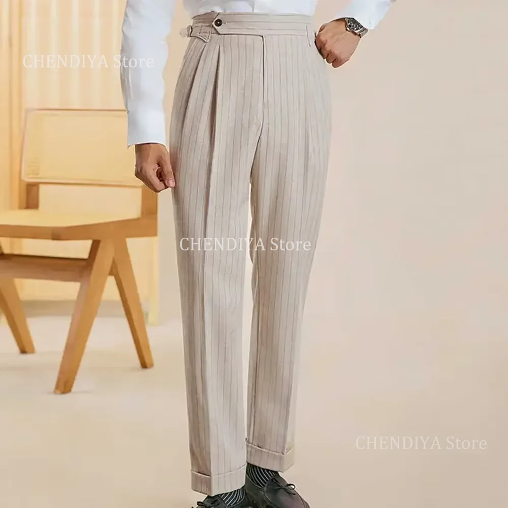 우아한 줄무늬 남성 정장 2 조각 패션 싱글 브레스트 피크 옷깃 의상 옴므 비즈니스 캐주얼 데일리 오피스 남성 자켓 바지