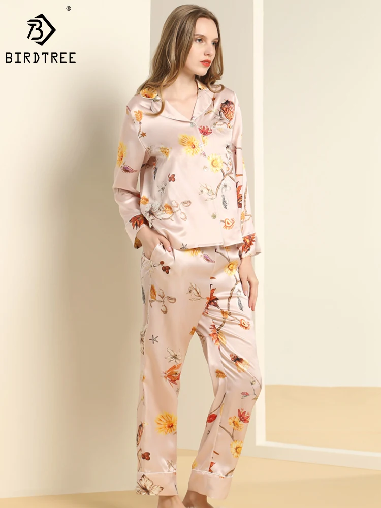 

Birdtree 100%Real Silk Pajama Set Lapel Long Sleeve Pants Casual Breathable Comfort Smooth Loungewear Autumn Women S41440QD