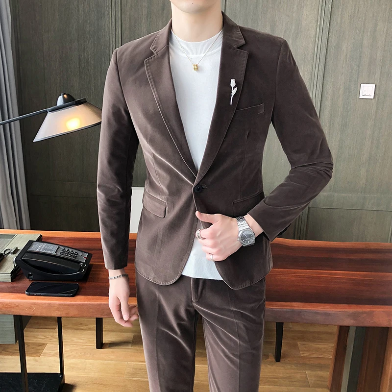 2023 High Quality Large Size  Blazer Men\'s Fashion Business Korean Casual Gentleman Velvet Slim Solid Color Golden Velvet Host