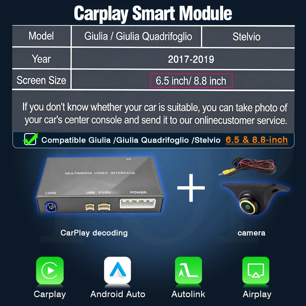 AUTOTOP Draadloze CarPlay Android Auto Decoder Box voor Alfa Romeo Stelvio Giulia 2017-2019 Mirror Link AirPlay Automodule Camera - afbeelding 1