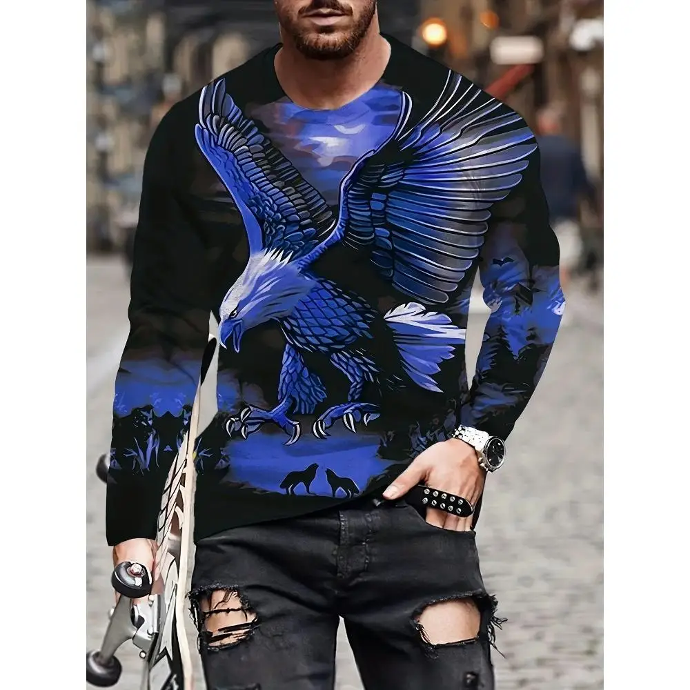 Men Long Sleeve T‑Shirt,3D Eagle Animal Print Crewneck Top,Vivid Wildlife Graphic Casual Street Daily Outfit