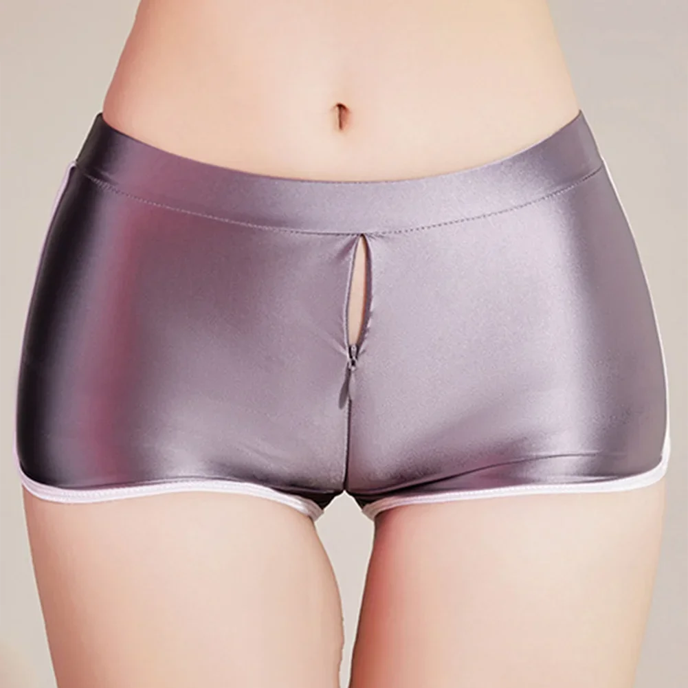 Bragas sexys brillantes para mujer, pantalones cortos con cremallera, elásticos, ajustados, realzan la cadera, lencería