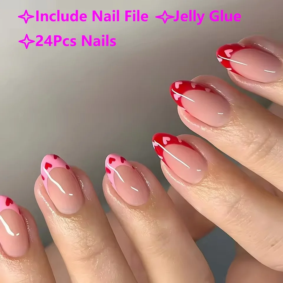 

24pcs Valentine's Day Fake Nails Korean Sweet Pink Red Love Print Press on Nails for Girl Lady Wearable Short French False Nails