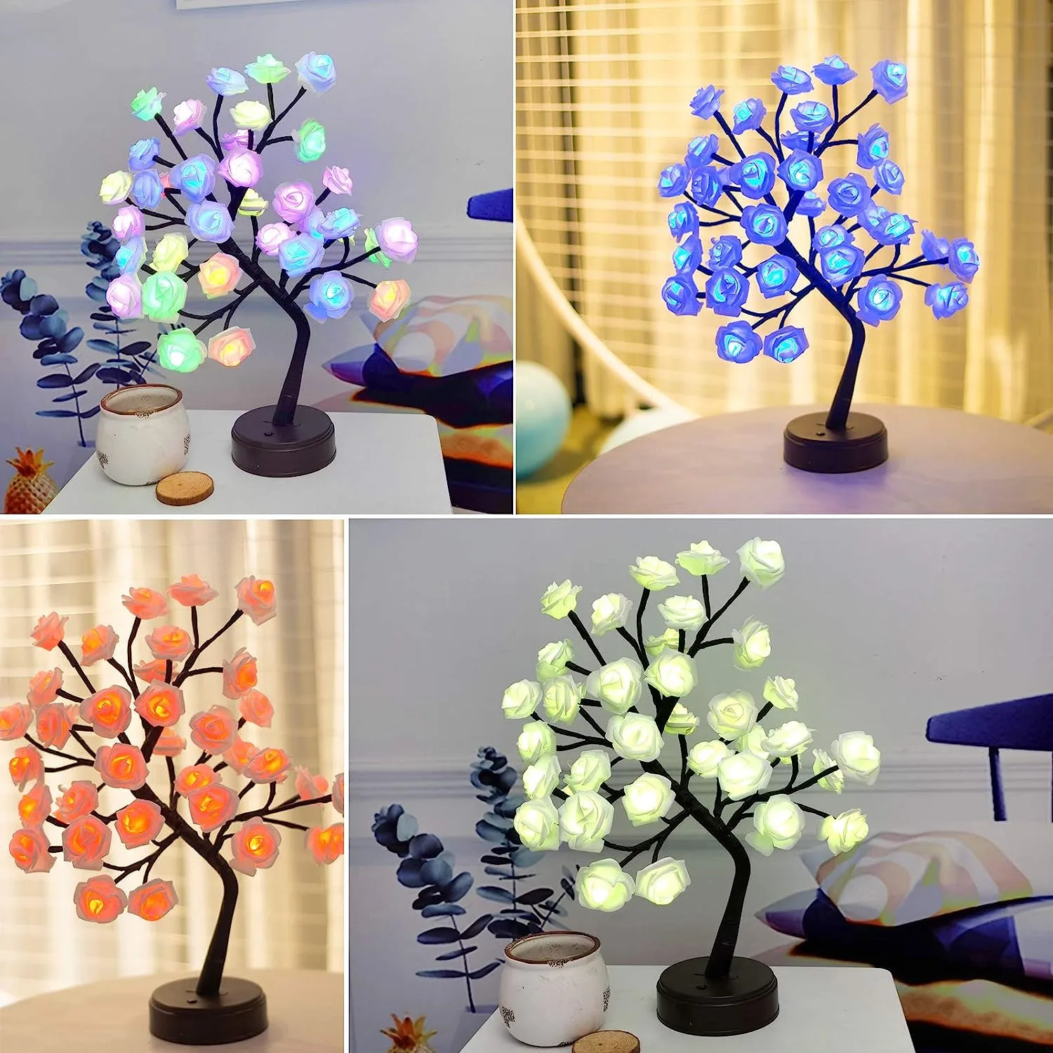 Luces de árbol de flores rosas RGB, lámpara de mesa con batería USB, luz nocturna de hadas, fiesta en casa, Navidad, boda, decoración de dormitorio,