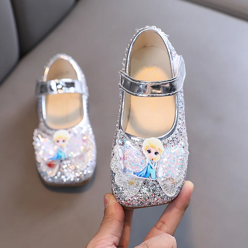 Disney Frozen Elsa Princess Designer Crystal Casual Flat Shoes for Kids Girls Bling Square Toe Baby Shoes Child Flats Sneakers