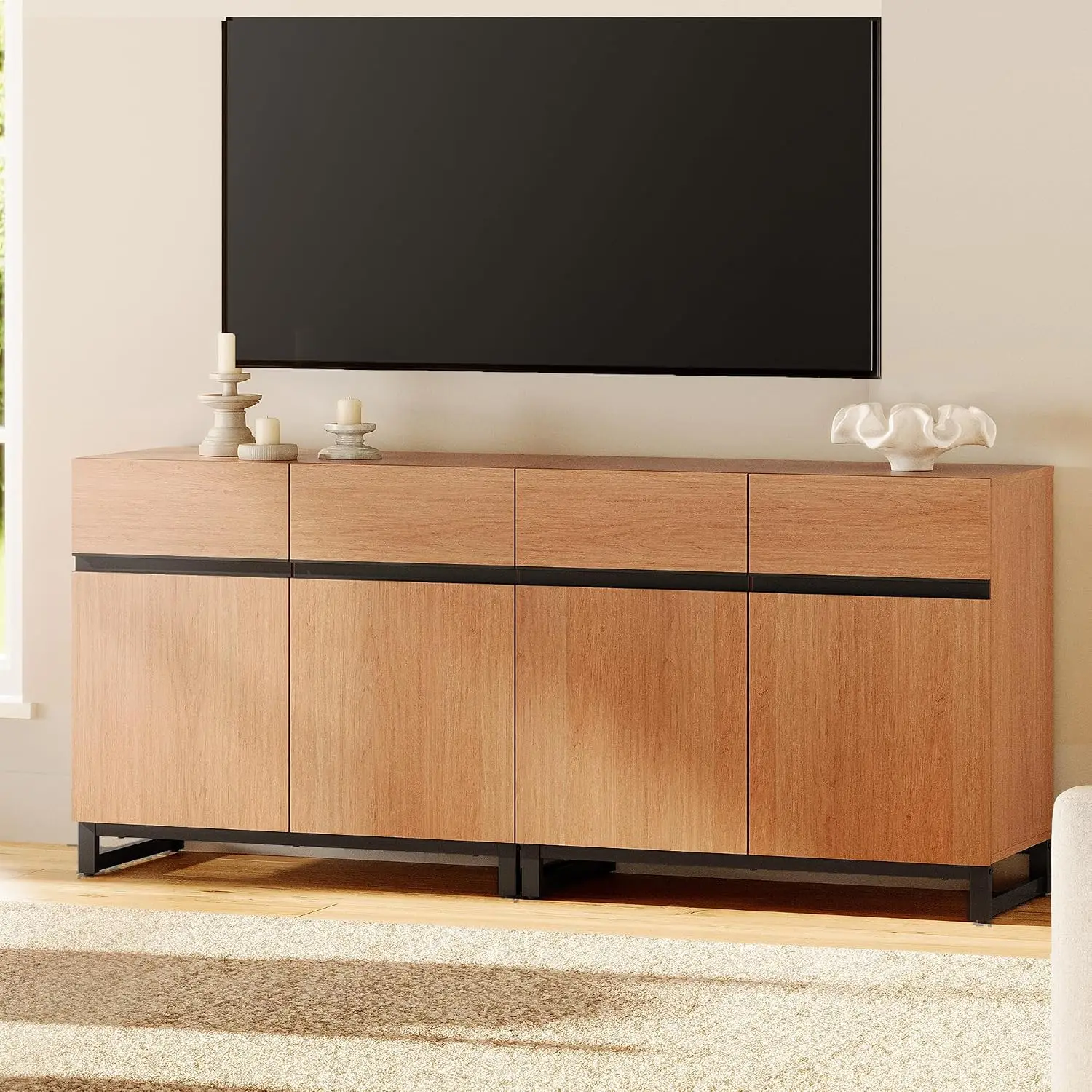 TV Stand Entertainment Center With Adjustable Shelves & Metal Base For Living Room Bedroom, Fits 70 Inch, Mocha, Customized