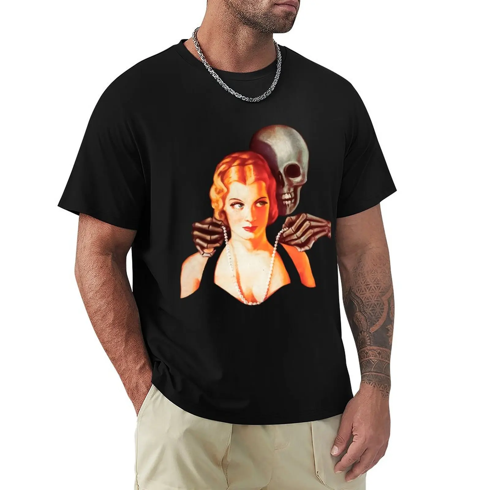 

Skull Woman Retro Comic Horror Skeleton Bones Elegant Jewelry Pearls Diamonds Pin Up Girl Vintage Romantic Love Old Cart T-Shirt