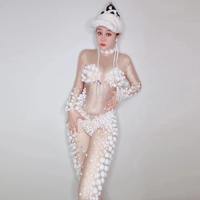 Nightclub Bar Dancer Stage Clothes Stretch Plush Ball Bodysuit Party Carnival Festival Clothing Rhinestone Jumpsuit