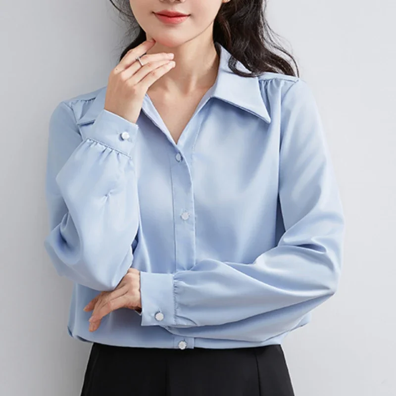 Females Blusas Mujer Women Chiffon White Tops and Blouses Long Sleeves Solid Lantern Sleeves Office Ladies Spliced Dropshipping