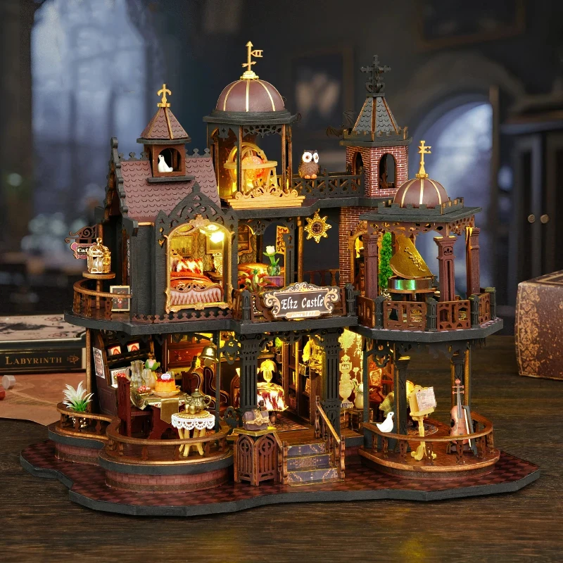 

OUZEY Wooden DIY Miniature Building Kits Edinburgh Castle Casa Doll Houses with Furniture Lights Dollhouses Birthday Gifts