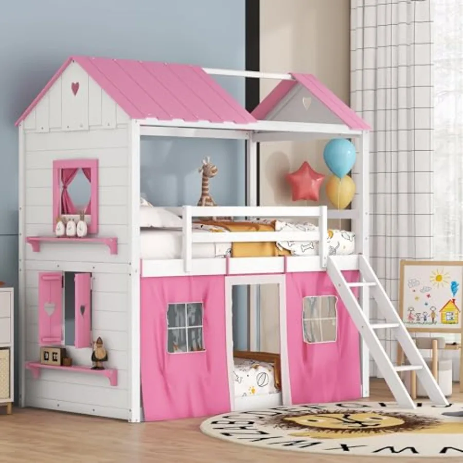 

House Bunk Bed with Tent Twin Over Twin Playhouse Loft Bed Frame with Play Area Pink White Elegant Windows Sills and Roof Woode