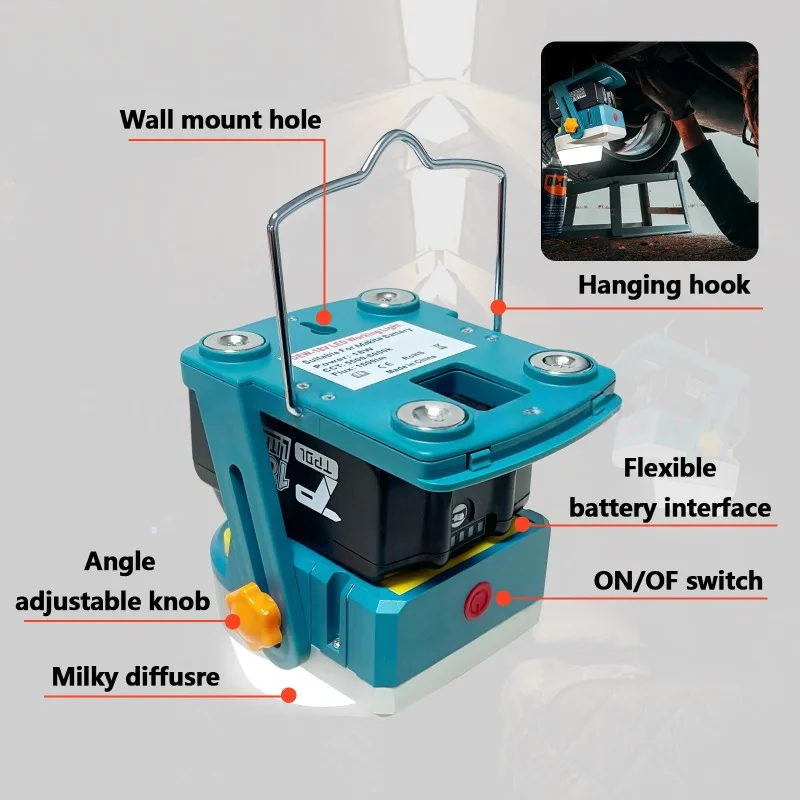 أضواء البناء المحمولة LED ضوء العمل لماكيتا/ديوالت/ميلووكي/بوش 14-18 فولت بطاريات ليثيوم ضوء التخييم في الهواء الطلق