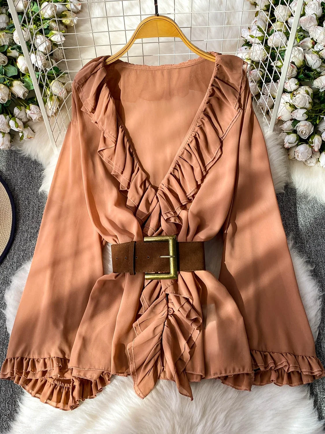 

Sexy Deep V-ne Long Sve irt Women's Spring Autumn Faion Belted Slimming Top Korean Sle Commute Wind Loose Fit