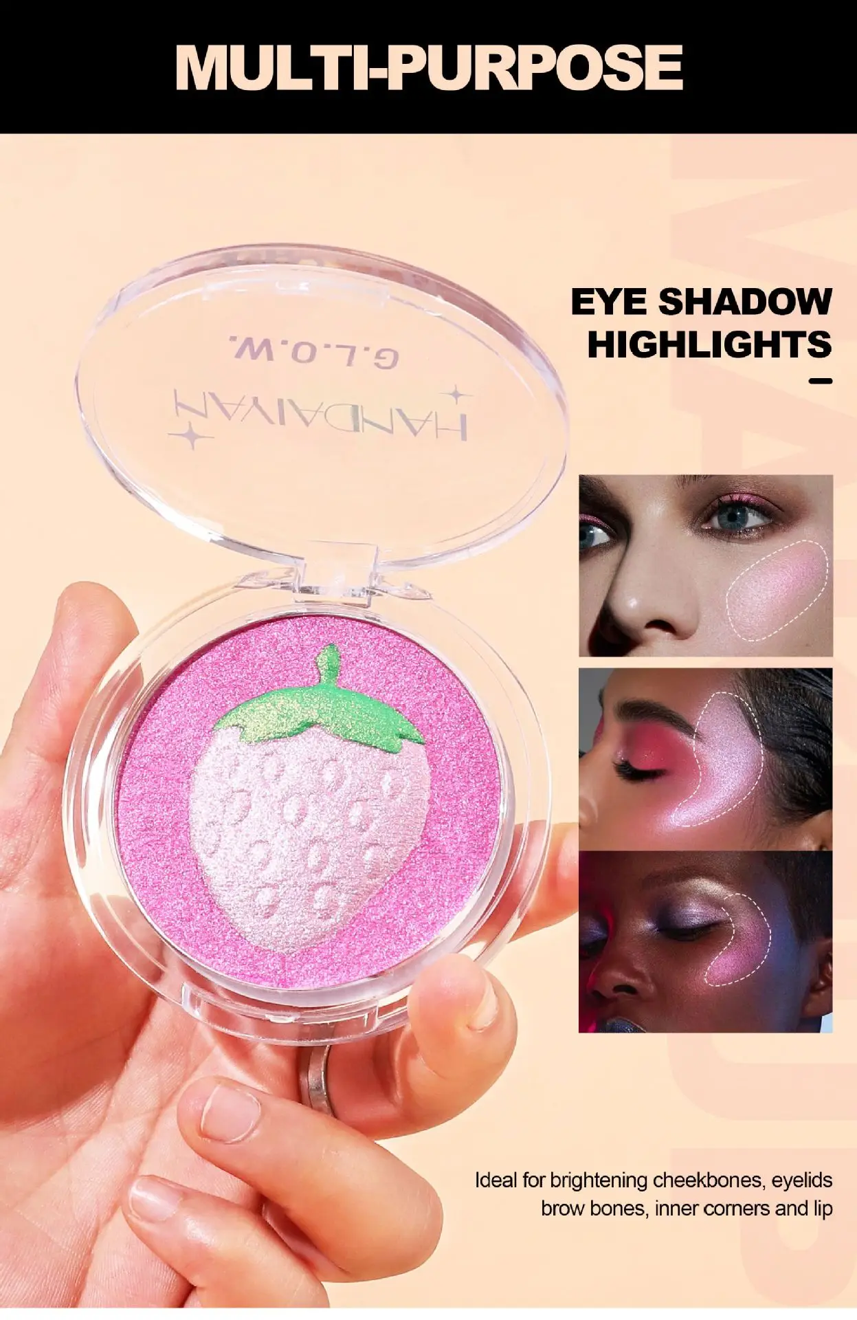 High Gloss Powder With Fruit Pattern 3d Diamond Glitter Highlighter Powder Cute Peach Pink Silver Facial Shadow Brightening