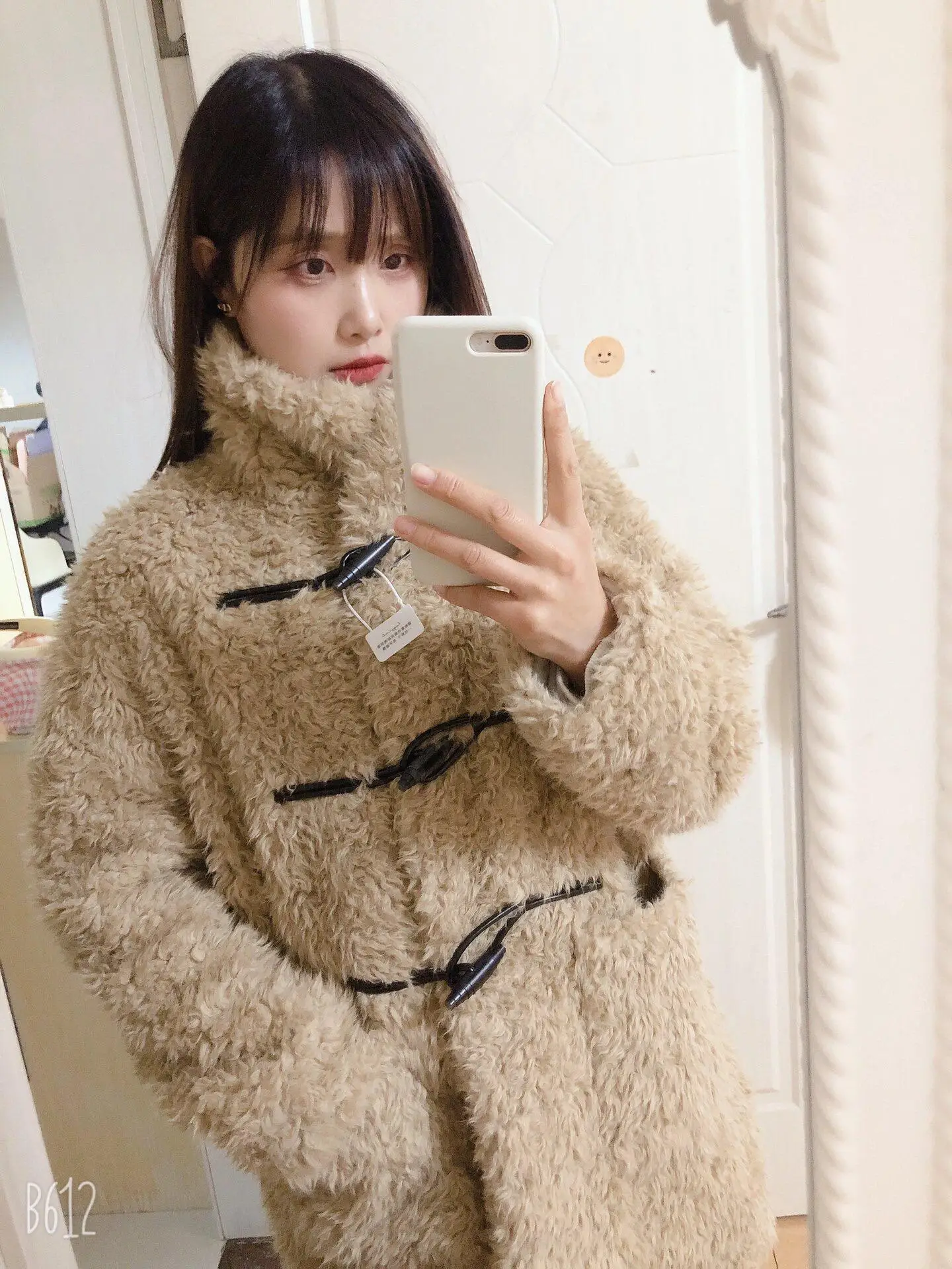 HEYGIRL jaket kardigan kulit sapi Teddy Pupu Chao, mantel wol domba imitasi longgar hangat tanduk sapi lingkaran kulit sapi