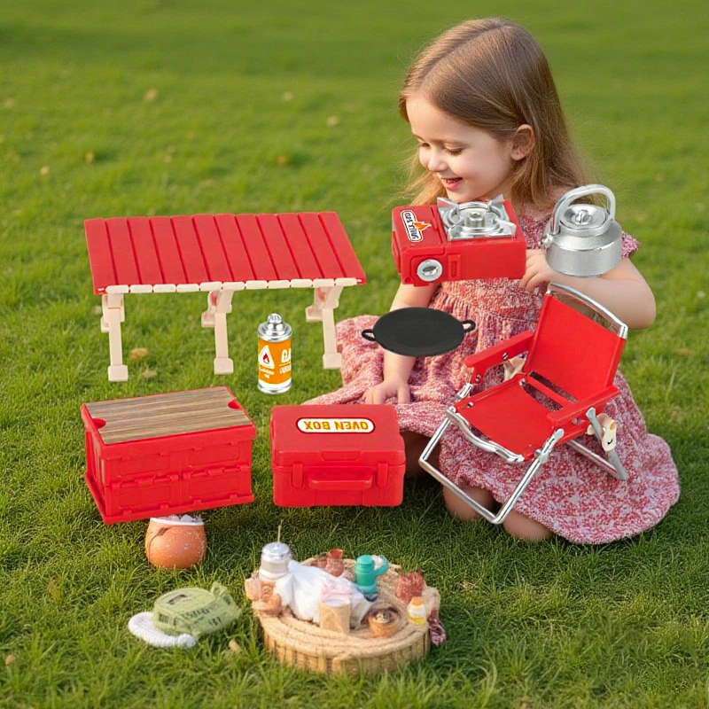 Mini juego de simulación para Picnic y acampada, casa de muñecas, decoración de escena al aire libre, mesas plegables, taburete, estufas de Cassette, juguete para juego de imitación para chico