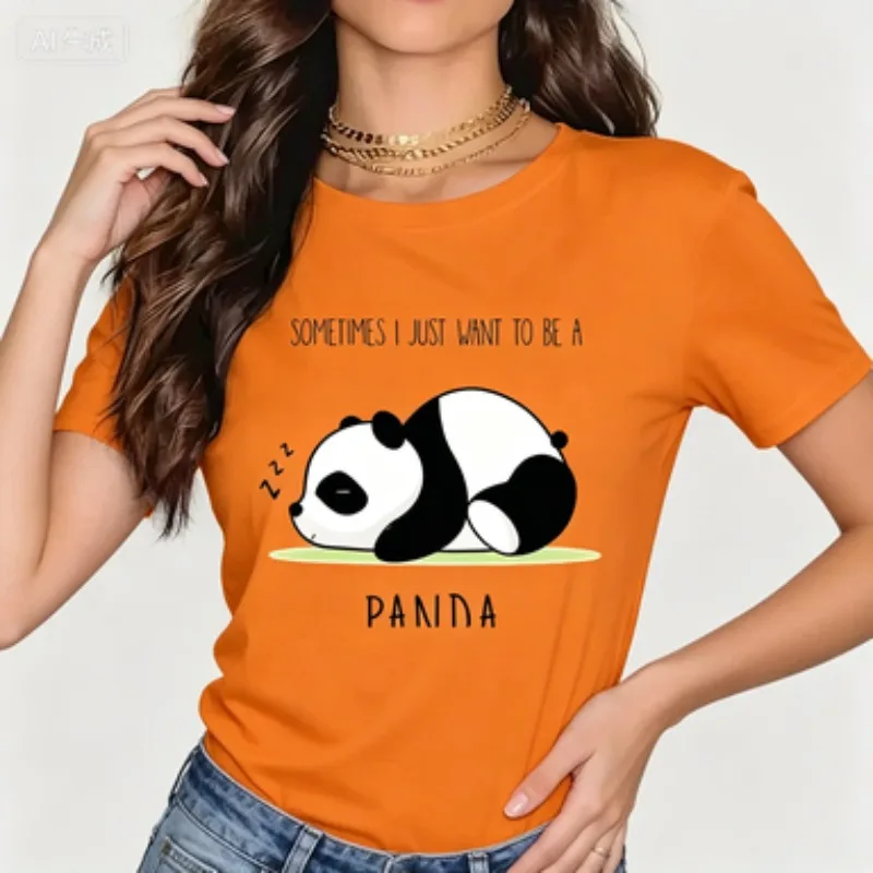 Ladies Slim Fit Crew Neck T‑Shirt Adorable Sleepy Panda Art Print Short Sleeve Cotton Lovely Animal Theme Casual Tops for Women