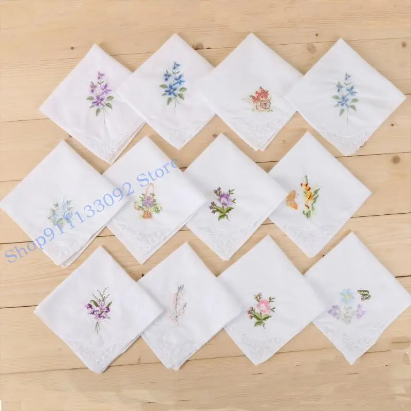 H9ed Cotton Ladies Clanskerchiefs خمر نمط الأزهار الدانتيل دانتيل حفل زفاف حزب الزفاف هانكي #5