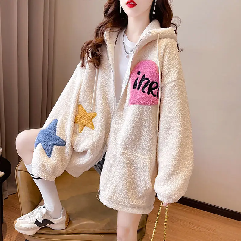 2025 Spring Casual New Lamb Wool Hoodie Women's Sportswear Embroidered Five Pointed Star Short Coat Pink Zipper Women's Top