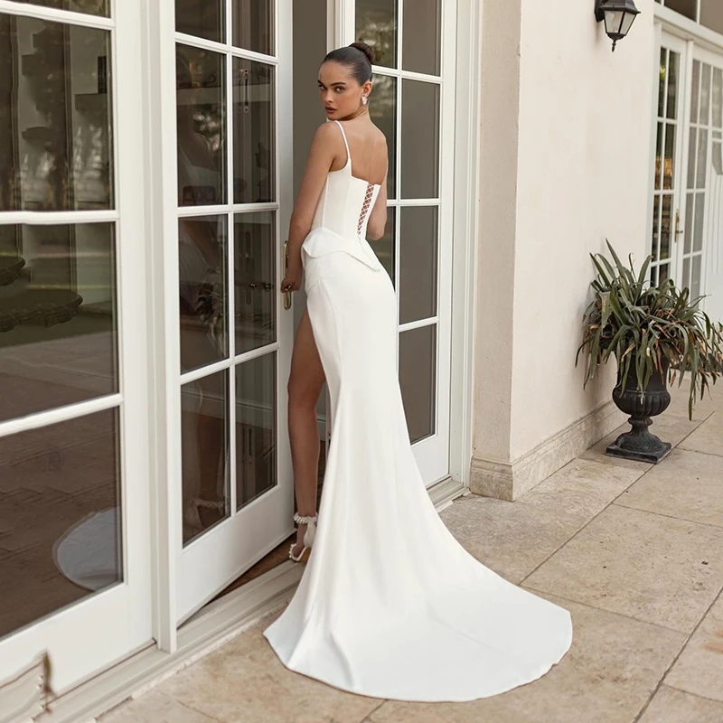 Robe de mariée sirène en Satin, Sexy, blanche, bretelles Spaghetti, fente latérale, robes de bal de mariage personnalisées, 2026