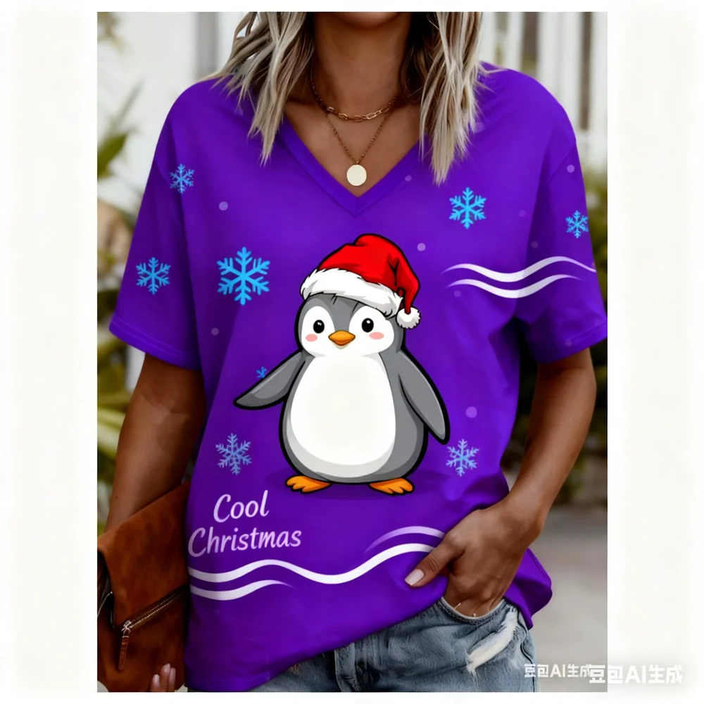 크리스마스 여성 티셔츠 3D 패턴 인쇄 v 넥 티셔츠 빠른 건조 새해 티셔츠 새로운 여성상의 여성용 y2k 의류