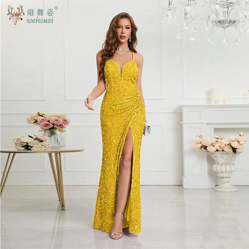 Elegante e luxuoso sem costas cintas de espaguete lantejoulas vestidos de noite sexy com decote em v bodycon alta fenda vestidos de noite formais