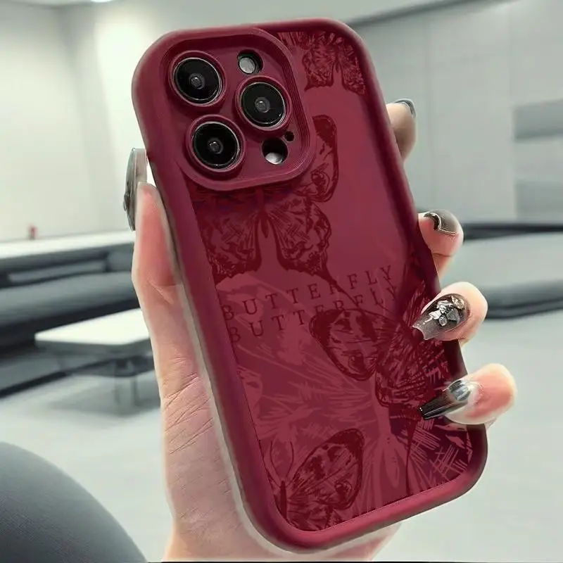 

Trendy Butterfly Pattern Wine Red Shockproof Phone Case For iPhone 16 15 14 13 12 11 Pro Max X XR XS 7 8 15 Plus SE2 TPU Cover