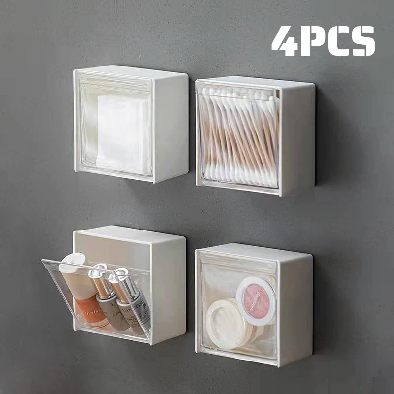 

4PCS Plastic Wall Shelf Bathroom Organizer Makeup For Cotton Swabs Makeup Transparent Case For Small Things Jewellery Boxes