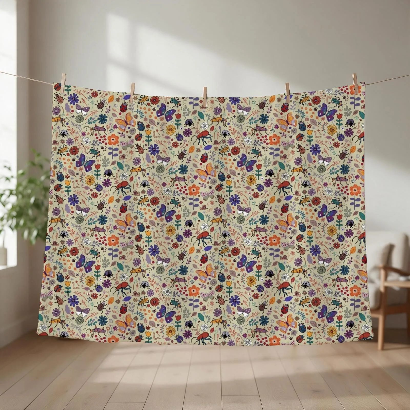 Butterflies, Beetles and blooms - taupe - pretty floral pattern by Cecca Designs Throw Blanket