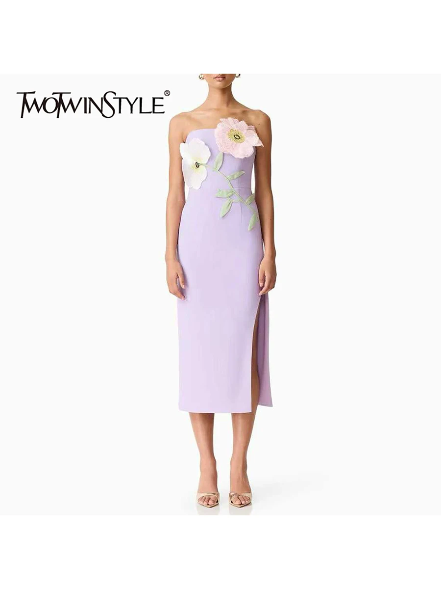 TWOTWINSTYLE Fashion Spliced Appliques Slimming Dresses for Women Strapless Sleeveless High Waist Elegant Dress Female Clothing