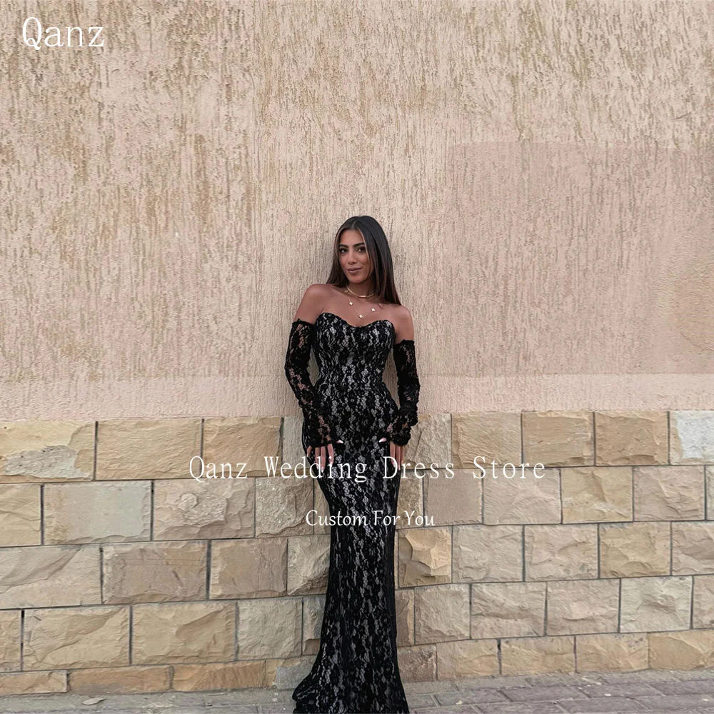 

Qanz элегантные вечерние платья женские милые Русалка черные кружевные аппликации вечернее платье с открытой спиной Vestidos De Fiesta по индивидуальному заказу