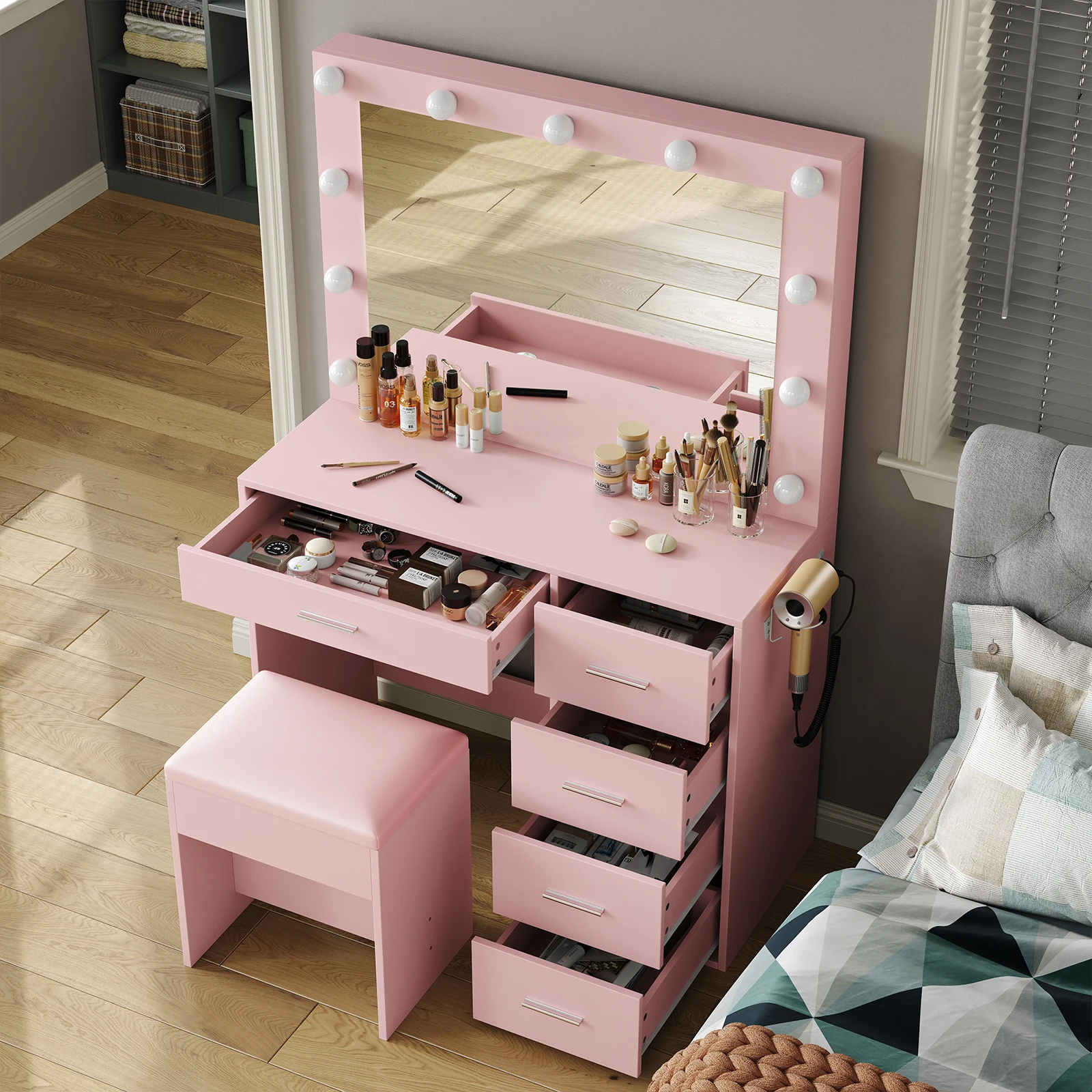 Space-Saving Large Capacity Vanity Set, LED Lighted Mirror with 3 Brightness Adjustments, Sliding Drawers & Vertical Storage Shelves, Clear Tempered Glass Scratch-Resistant Top with USB Port