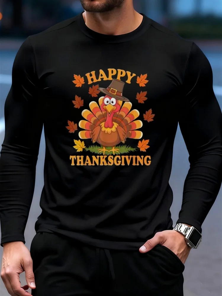 Men's Thanksgiving Turkey Long Sleeve T-Shirt Thankful Graphic Tee Pullover Tops Gift New Fashion Fall Autumn Orange Cute