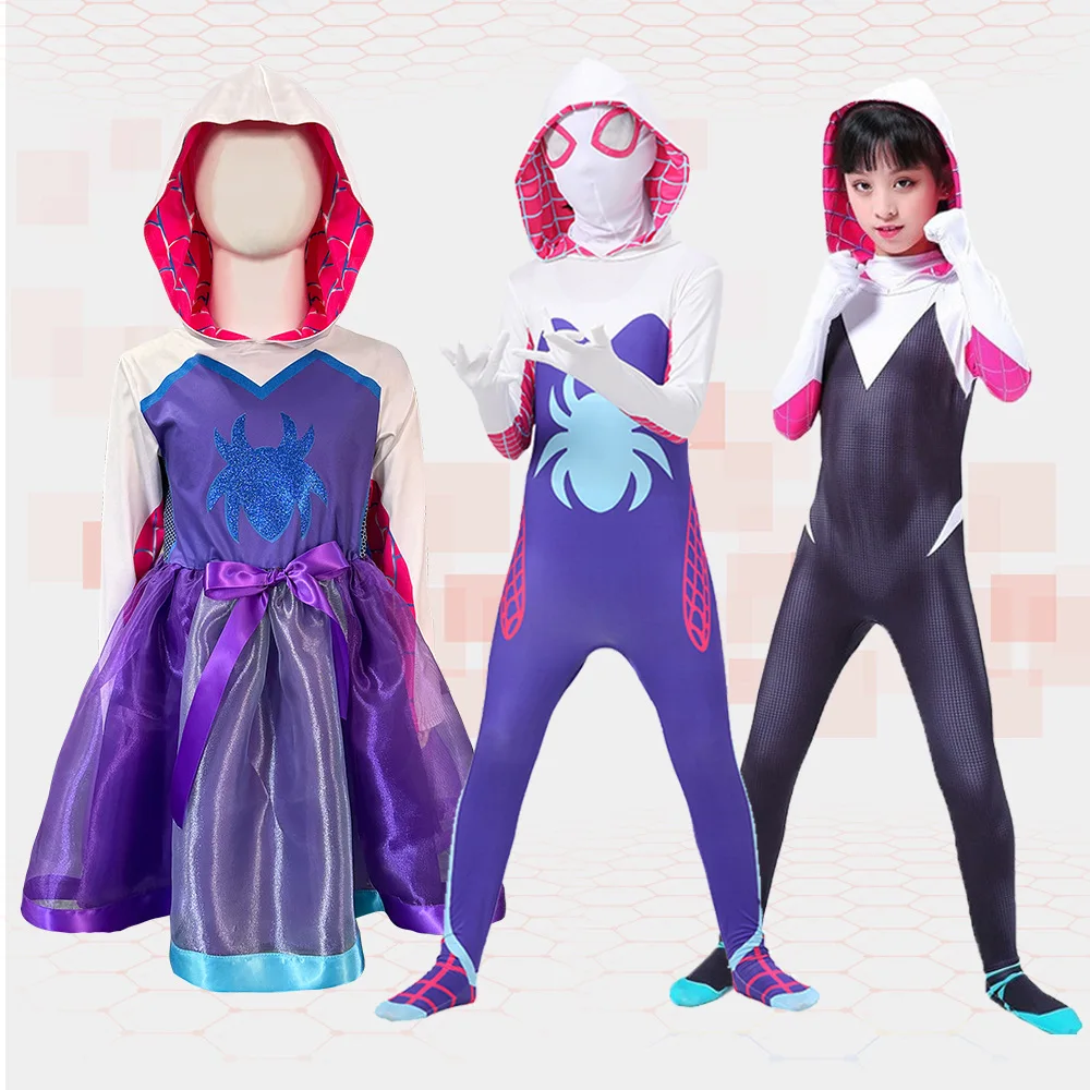 

Movie Gwen Cosplay Costume Stacy Disguise Jumpsuit Dress for Kids Full Set Halloween Carnival Party Performance Clothes Roleplay