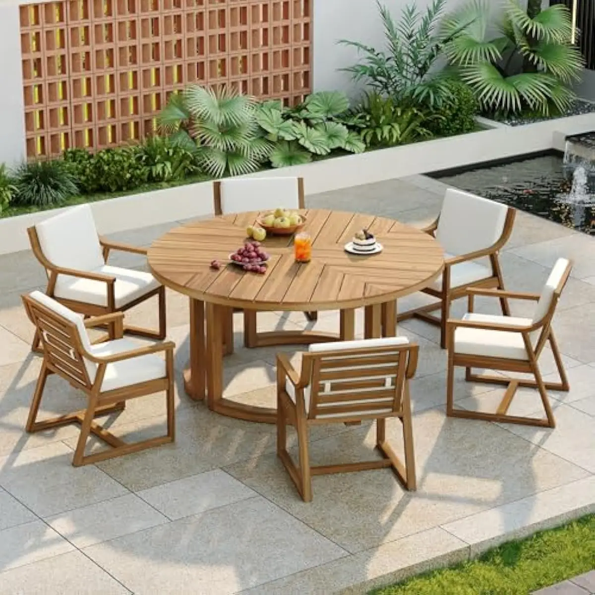 Rustic 7-Piece Acacia Round Patio Set Featuring 59-Inch Table with Ventilated Hollow Top Design 1.96-Inch Umbrella Opening Plus