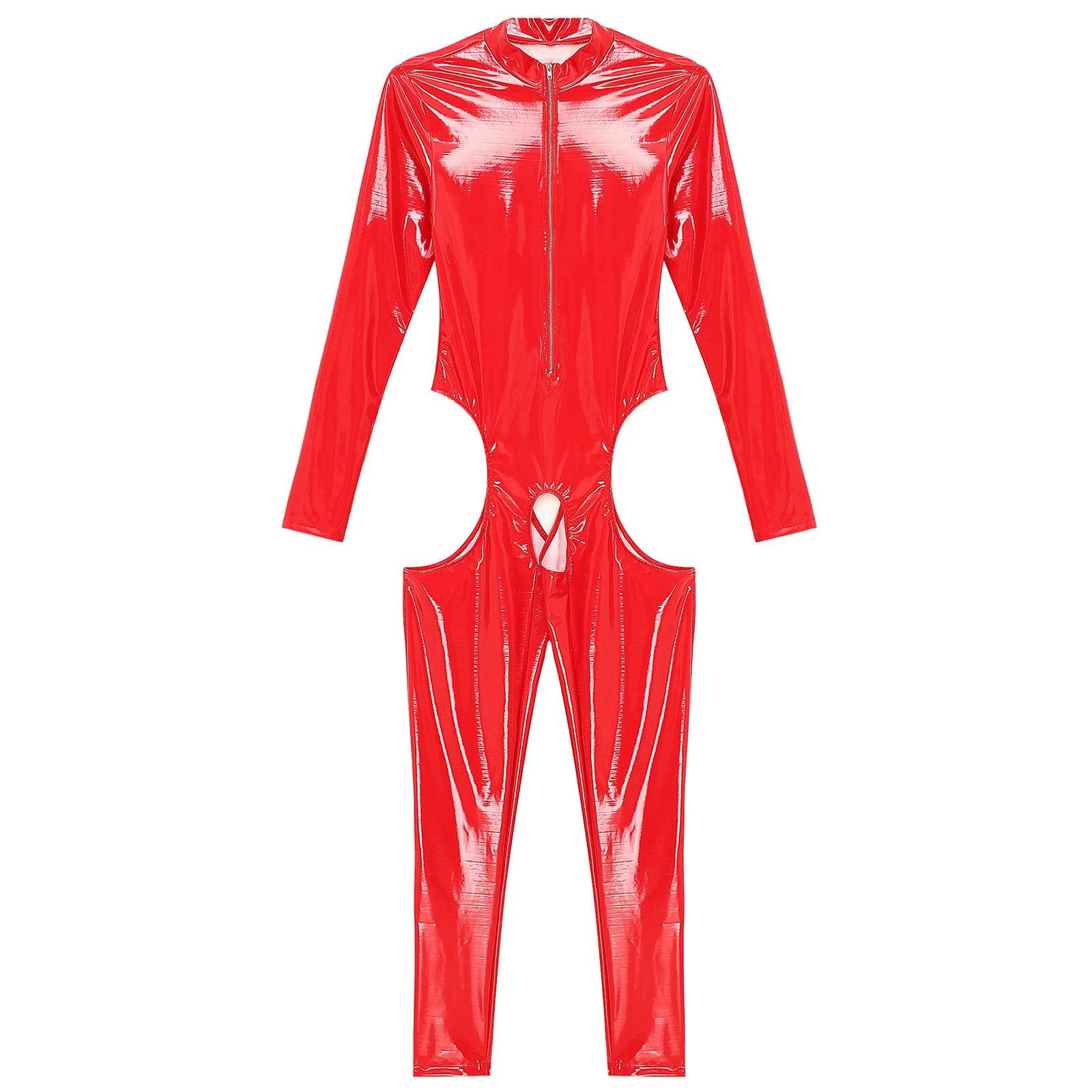 Women Sexy Open Crotch Wet Look Jumpsuit Faux Leather Full Body Suit Latex Catsuit Long Sleeve Zipper Jersey One-Piece Clubwear