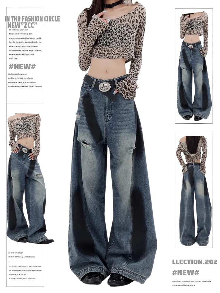 

Ретро-джинсы американского стиля с эффектом потертости, широкие, женские, осенне-зимние, новые, свободные, с высокой талией, синие, длинные