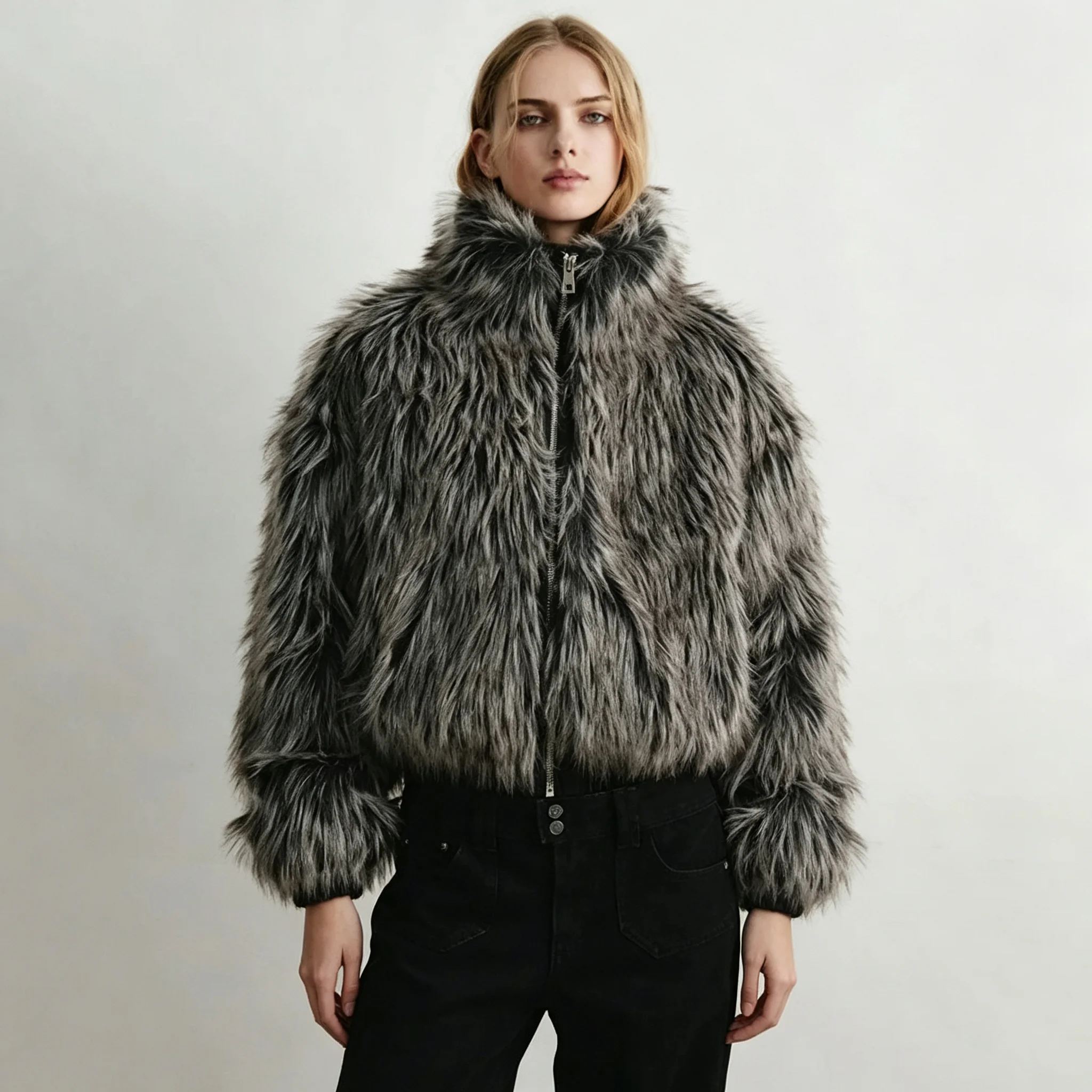 IG 2026 New Faux Fur Cropped Jacket Stand Collar Zipper Fluffy Warm Outerwear Autumn Winter Streetwear Overcoat