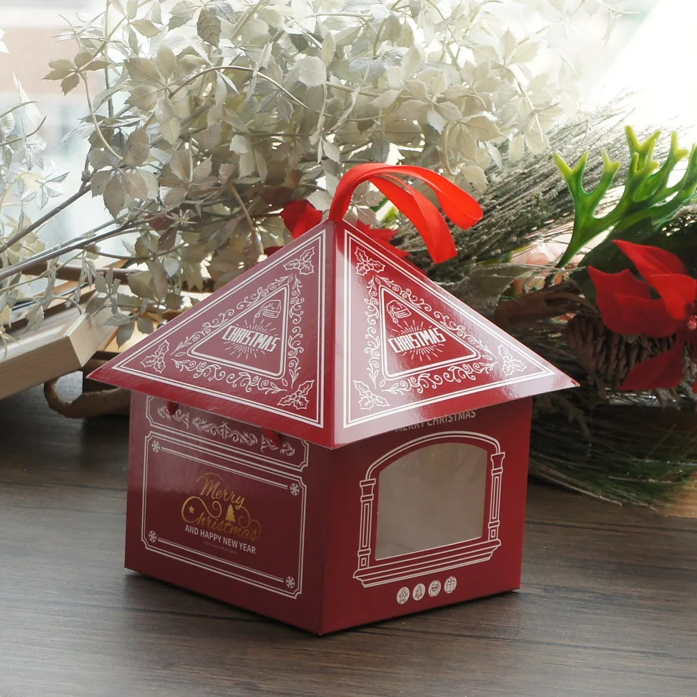 

Big Size Red Christmas House Design 5 Pcs Candy Bake Chocolate Cookie Packaging Paper Box Gifts Party Favors Decor