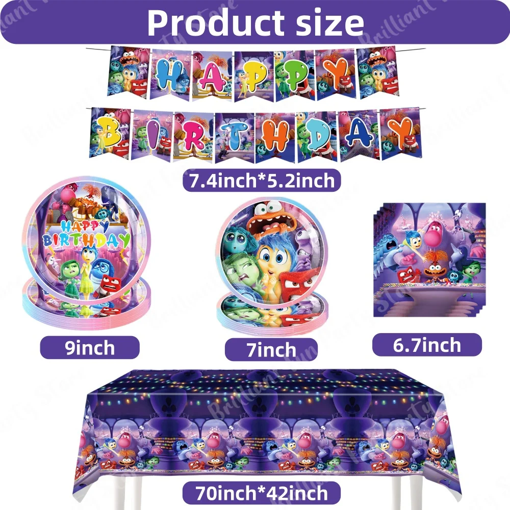 Disney Inside Out 2 Party Supplies Paper Tableware Tablecloth Plate Napkins Banner For Kids Baby Shower Birthday Decorations Set