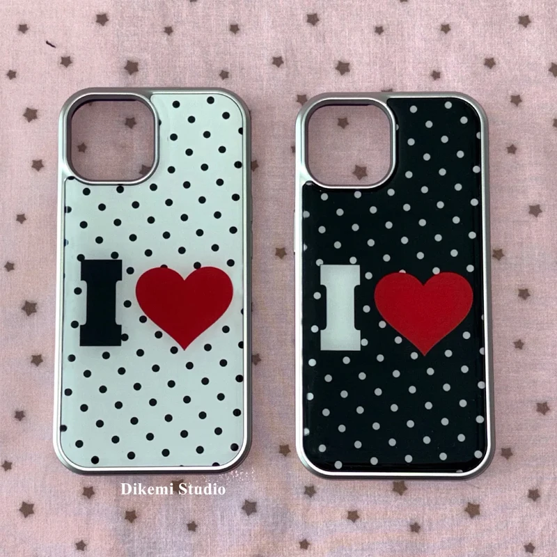 

Корейский чехол для телефона Ins Black White Polka Dot Cute Red Love для iPhone 16 E 15 14 13 12 11 Pro Max XR XS 7 8 Plus Y2K Matte Cover