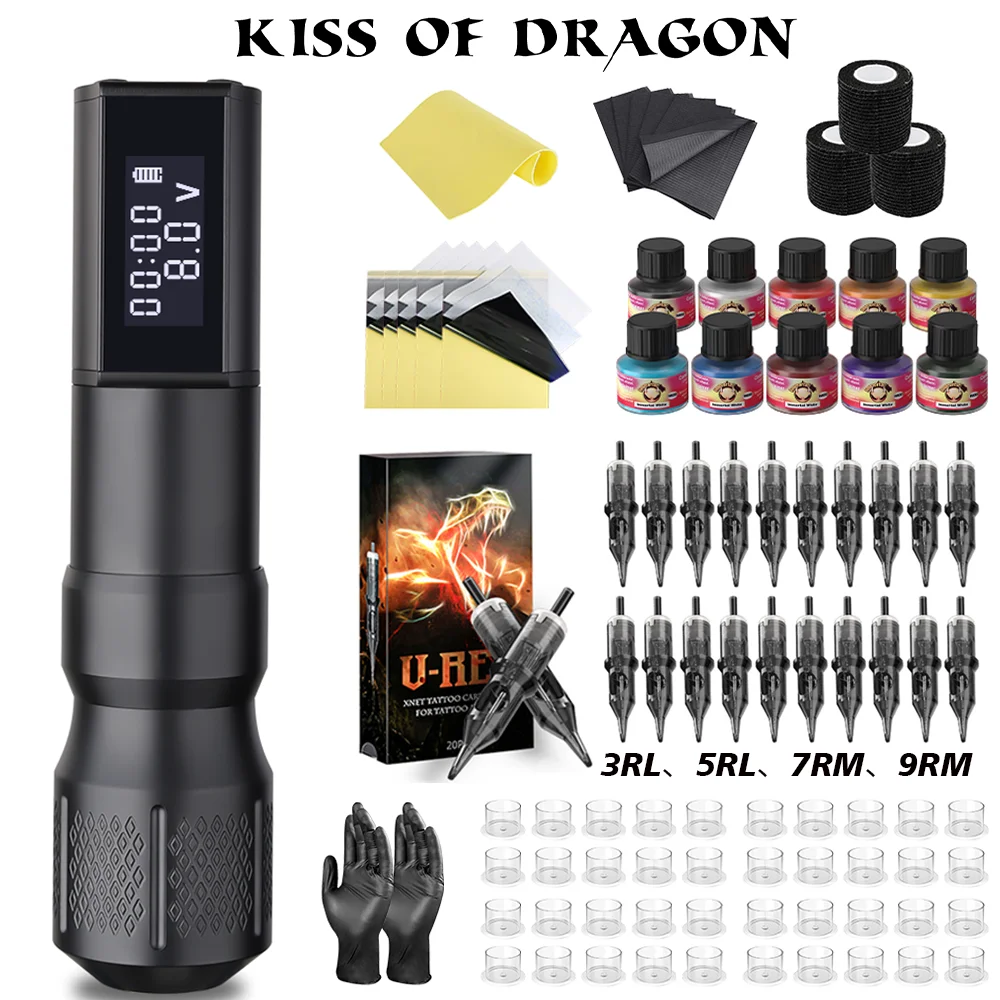 

Tattoo Kit Kiss Of Dragon Wireless Tattoo Machine Kit Permanent Makeup Tattoo Machine Pen 20pcs CartridgesWireless Tattoo Kit