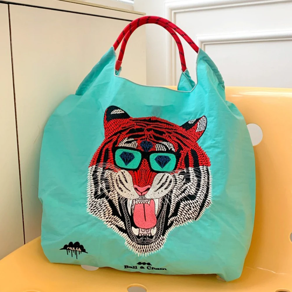 

Cat Embroidery Eco Bag Designer Bags for Women Shoulder Bag Ball Tiger Shopper Tote Rope Handle Handbags and Purses Animal Hobo