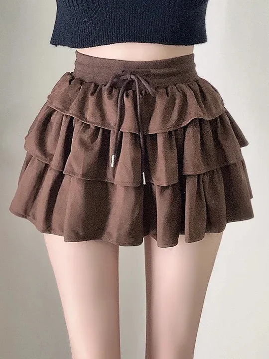 

Korean Sle Fce f Skirt with Dstring High Waist Puffy Layers Girls Casual High Waist Fce Skirt with Pleats