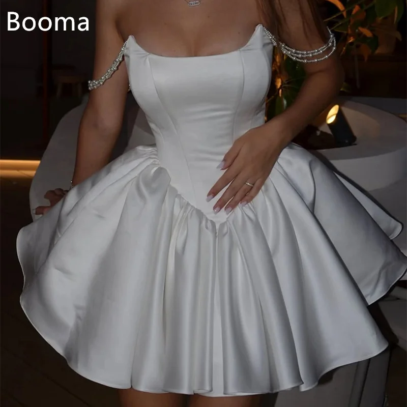 

Booma A-Line Ivory Mini Off The Shoulder Satin Wedding Dresses Pleat Simple Pearl Elegant Brides Gown Custom Made 2025