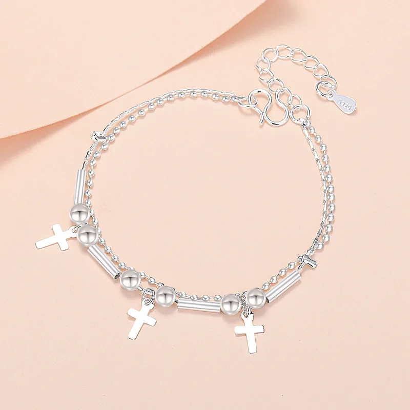 Sterling Silver Color Bracelets for Women Doule Layer Crosses Charm Hand Chain Link Orignal Fashion Jewelry With Stamp