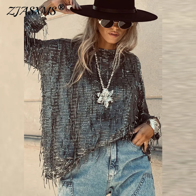 

Sexy Sequin Sparkly Tassel Blouses for Women Elegant Round Neck Loose Vintage Tops Pulloer Autumn Long Sleeve Shirt Blusas Mujer