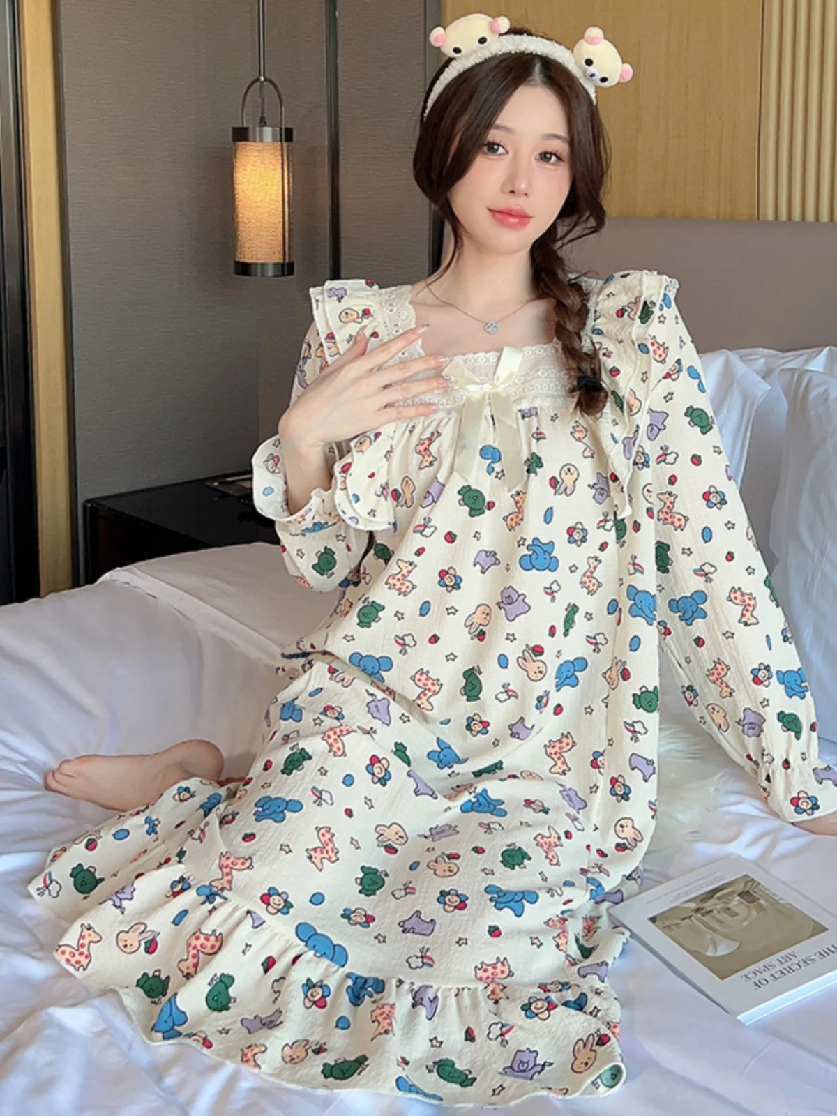 

plus Size Women's Spwear Long Sve Midi Dr Sweet Princ Sle Home Clothes Cotton Linen Fabric Cartoon Print