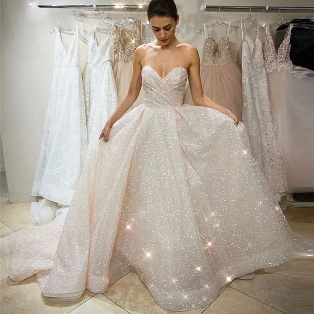 

Glitter A-Line Blush Pink Wedding Dresses for Bride Sweetheart Pleats Long Sparkly Bridal Dress Plus Size Wedding Party Gowns